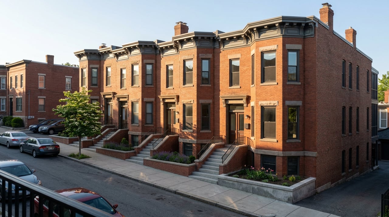 Three attached brick rowhouses with bay windows, ornate cornices, stoops, and a flowering dogwood in warm sunlight.