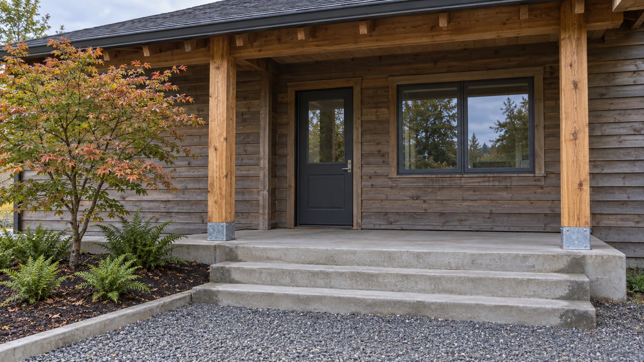 Weathered cedar-sided rural home with a timber covered porch, concrete steps, a vine maple and three sword ferns beside a crushed-rock approach.