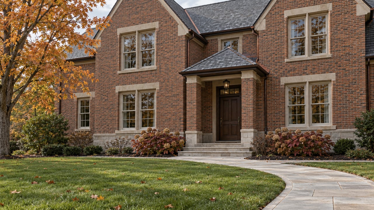 A brick home with limestone steps, a curving walk, and amber maple foliage in soft autumn daylight.
