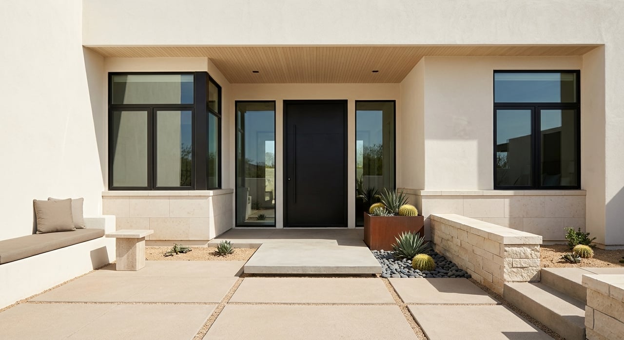 Modern desert home entry with a black-framed glass door, pale stone, pavers, and sculptural cacti.