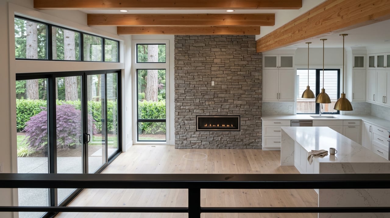 Double-height great room with a stacked-stone fireplace, white kitchen island, and conifers visible through tall windows.