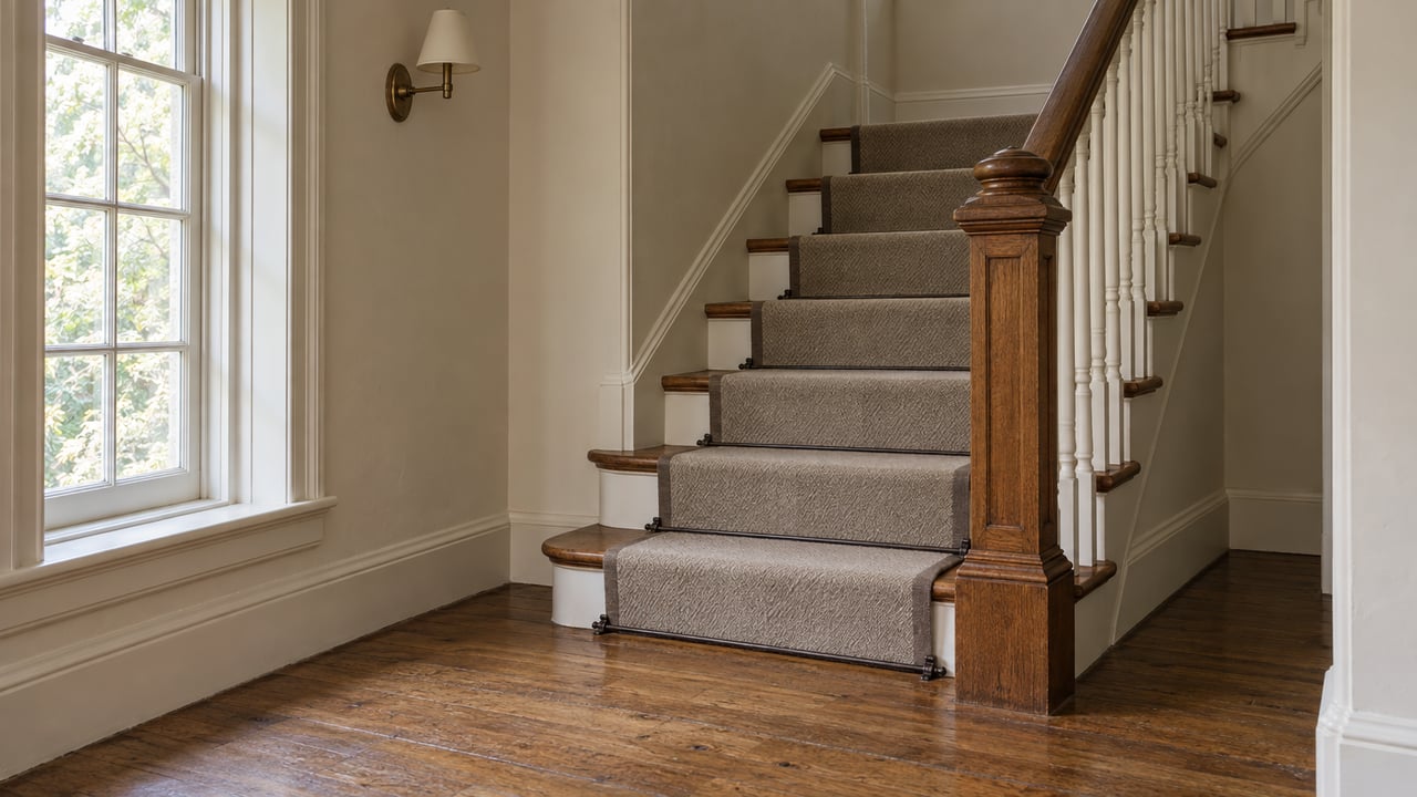 Oak staircase with a pale wool runner and dark stair rods beside a divided-light window.