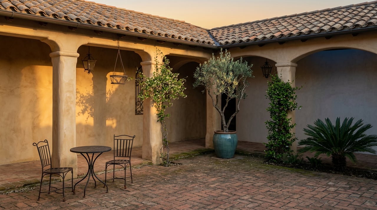 Spanish courtyard with a terracotta-paved floor, wrought-iron café set, and olive tree in a blue-green urn.