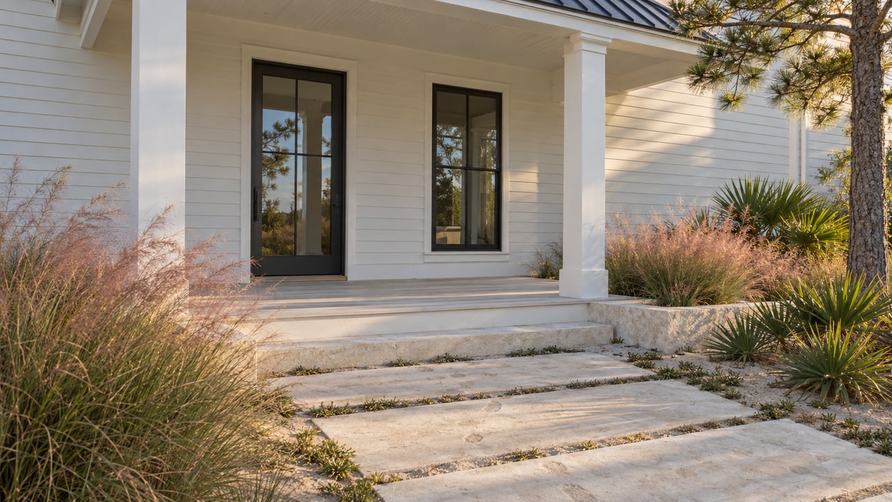 Coastal house entry with a dark glazed door, limestone approach slabs, and ornamental grasses.