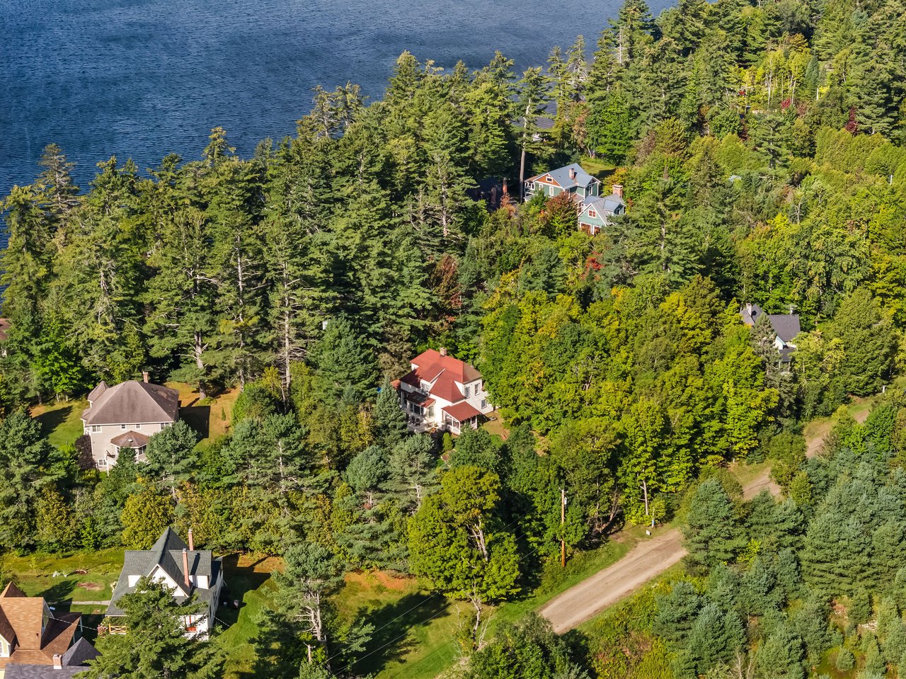 Aerial view of wooded lakefront homes, with a red-roofed house near the center.