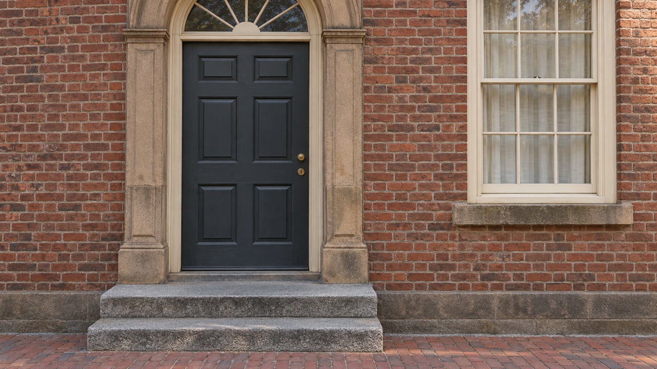 A charcoal paneled townhouse door beneath a glazed fanlight, beside a sash window, with worn sandstone trim and granite steps meeting a brick sidewalk.