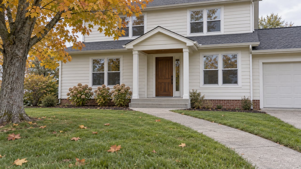 An off-white two-story home with a timber front door, shallow porch and concrete walk across an autumn lawn beneath a sugar maple.