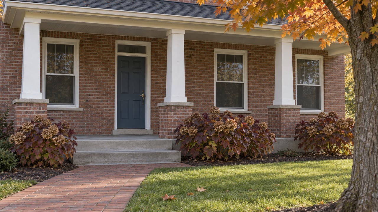 Autumn light on a red-brick home's covered porch, blue front door, brick walk and orange maple leaves.