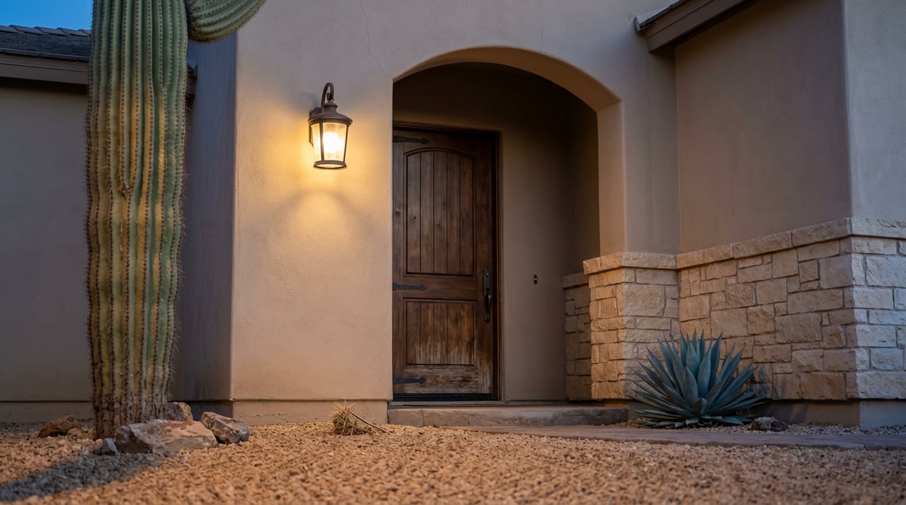 Arched stucco entry with a lit bronze lantern, dark wood door, saguaro, and agave.