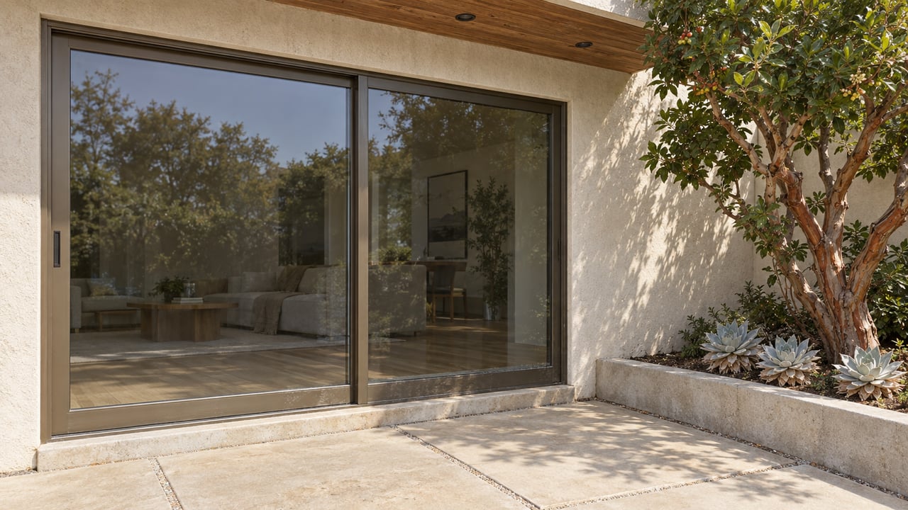 Sunlit stucco home with a bronze-framed sliding glass door, redwood soffit and a concrete patio beside a strawberry tree and chalk dudleya.