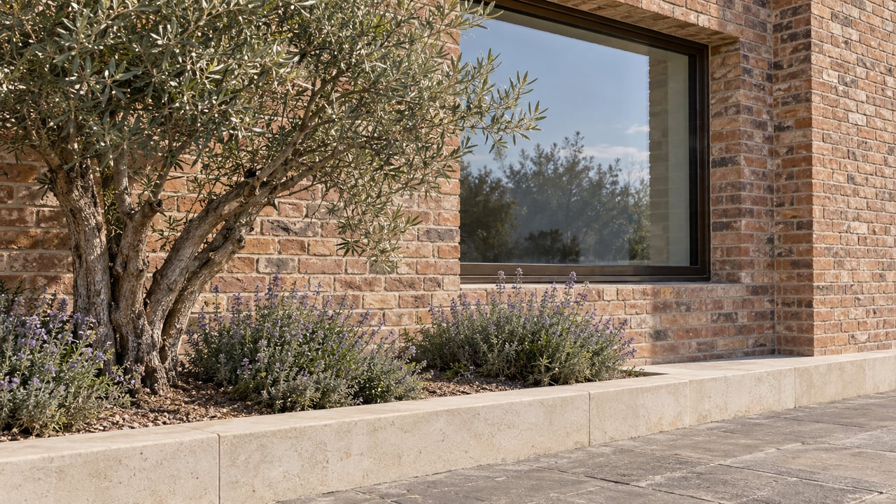 Brick residence with a deep-set window above a limestone planter holding an olive tree and purple sage.