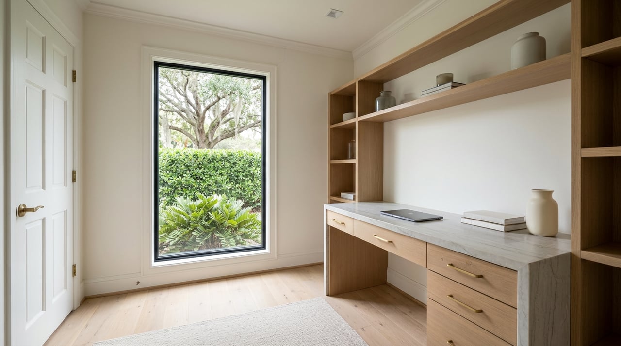 Built-in home office with veined stone desk, oak shelves, closed laptop, and leafy window view.