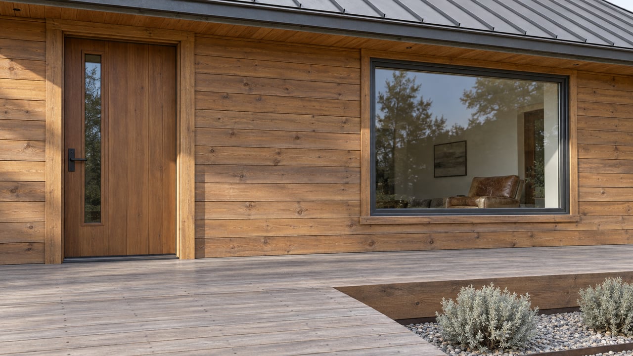 Sunlit wood-sided home with a closed timber entry, charcoal-framed picture window, weathered deck and two silver sagebrush plants in gravel.