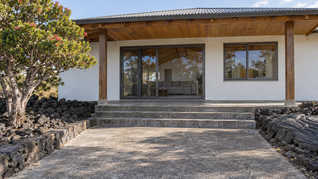 A timber-roofed home with a fully glazed living-room doorway, covered concrete veranda and weathered approach bordered by lava stone.