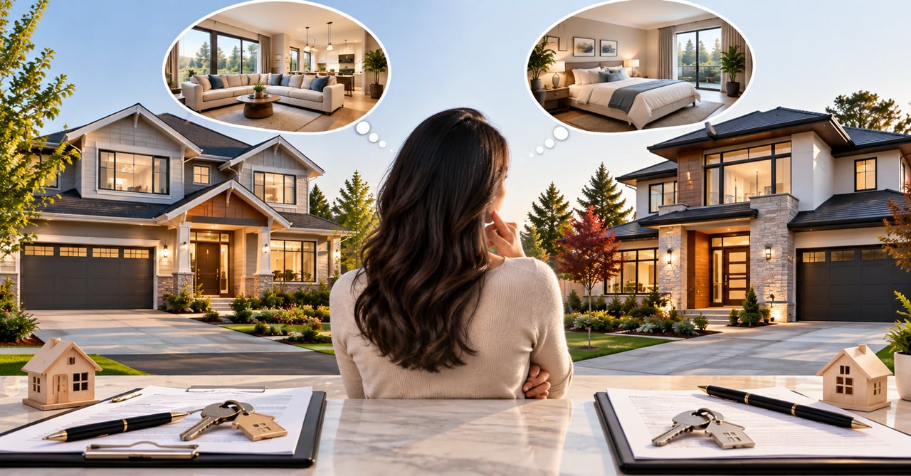 Woman considers two modern homes, with living room and bedroom interiors shown in thought bubbles.