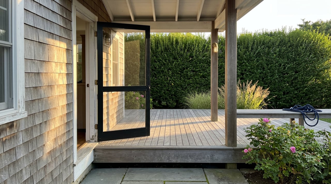 Open screen door framing a raised deck, clipped hedge, teak bench, and pink roses in golden sunlight.