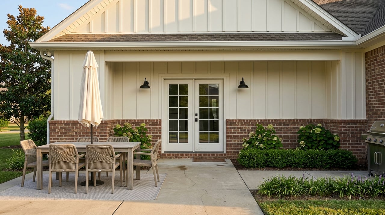 Brick rear facade with board-and-batten siding, French doors, and a teak patio set.