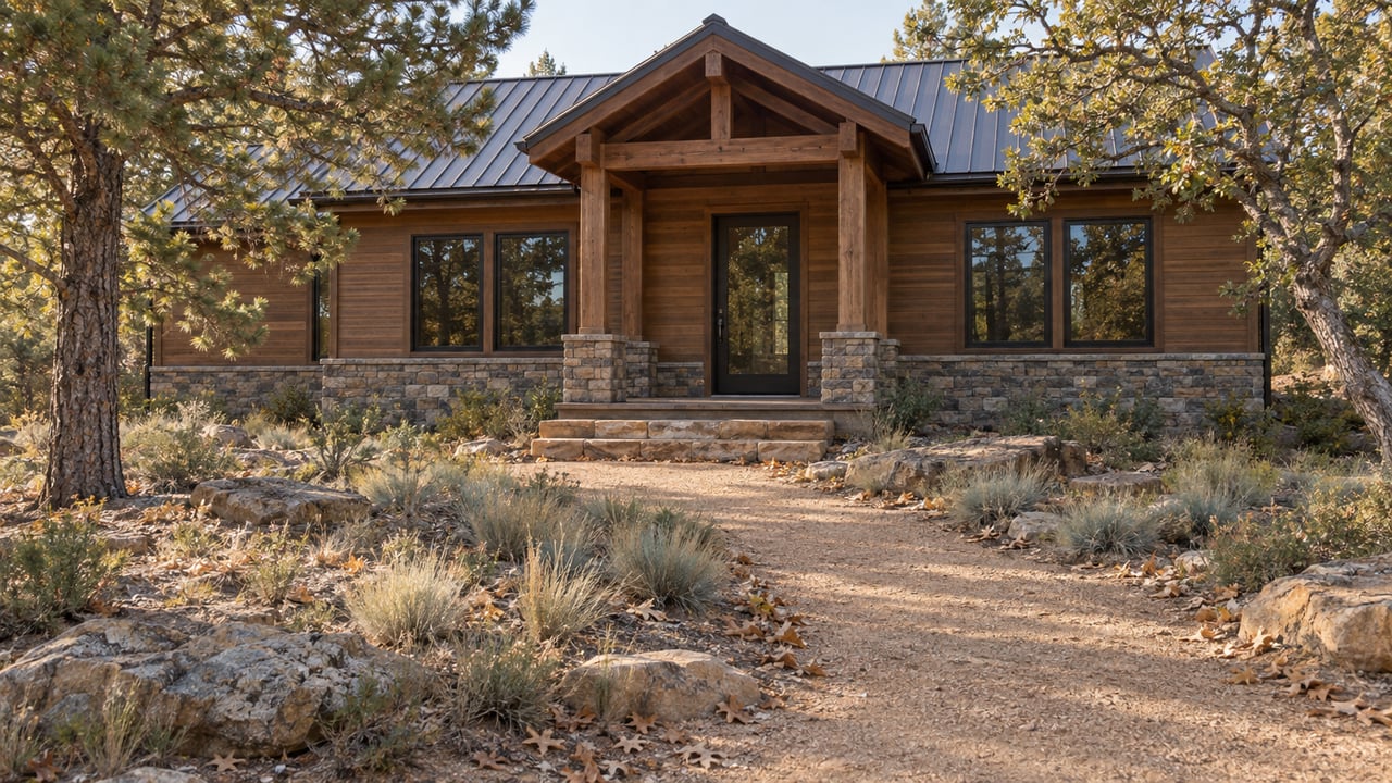 Timber lodge with a gabled porch, stone steps, and scattered trees beside a winding gravel approach.