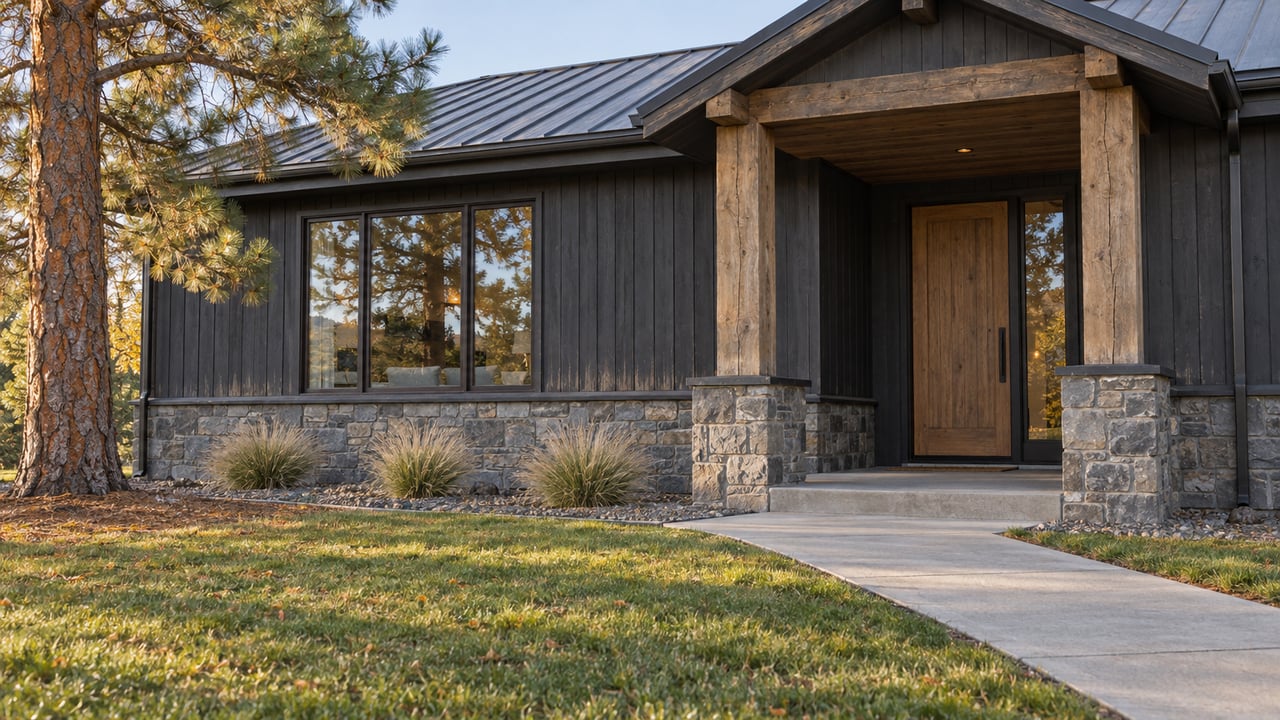 Charcoal wood home with a timber-supported entrance, gray stone detailing and an autumn lawn beneath a mature pine.