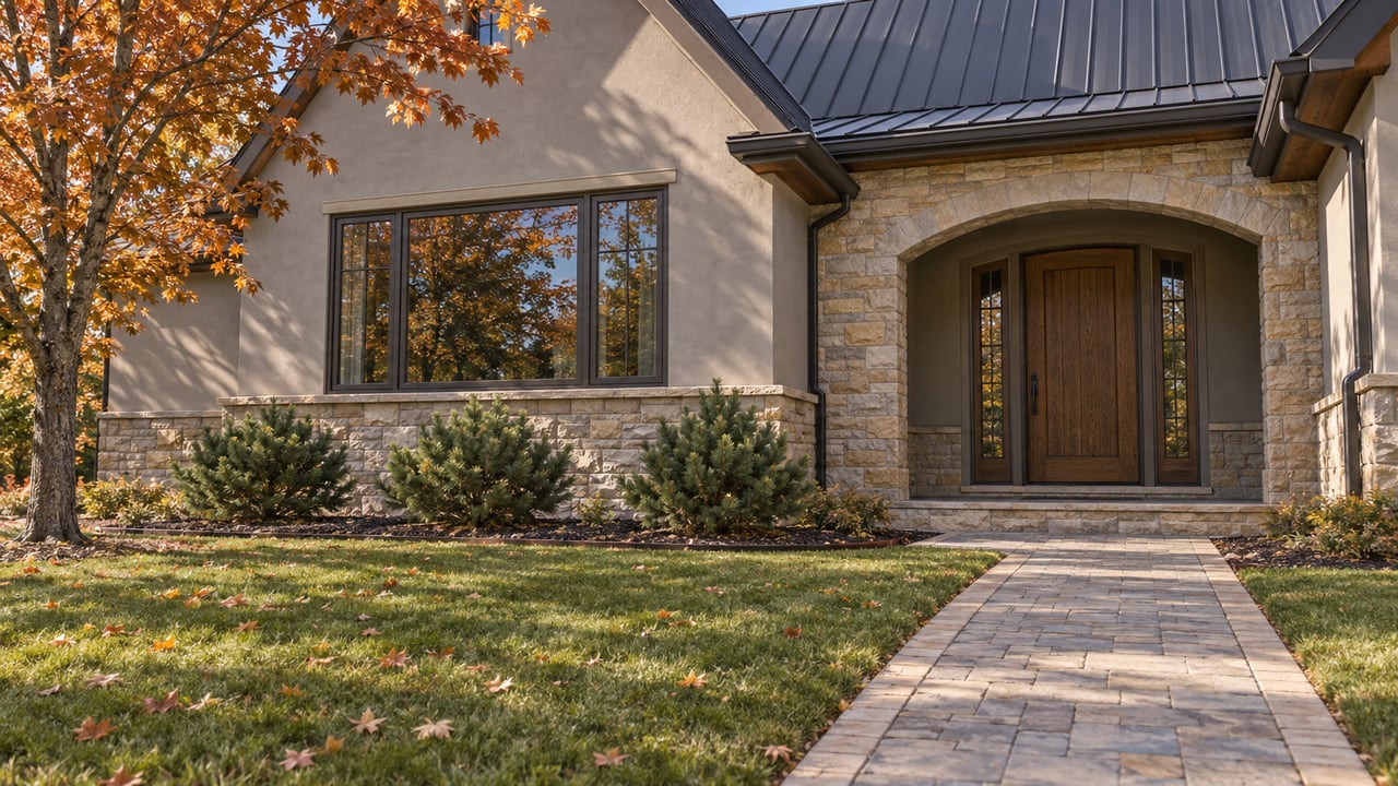 Autumn sunlight across a sandstone and stucco home's recessed oak entry, bordered paver walk and broad lawn beneath an orange-leaved maple.