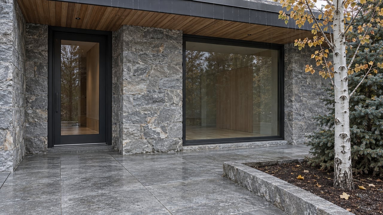 Contemporary stone-and-cedar residential entry with black-framed glazing, a gray stone terrace, and an autumn aspen beside a small spruce.