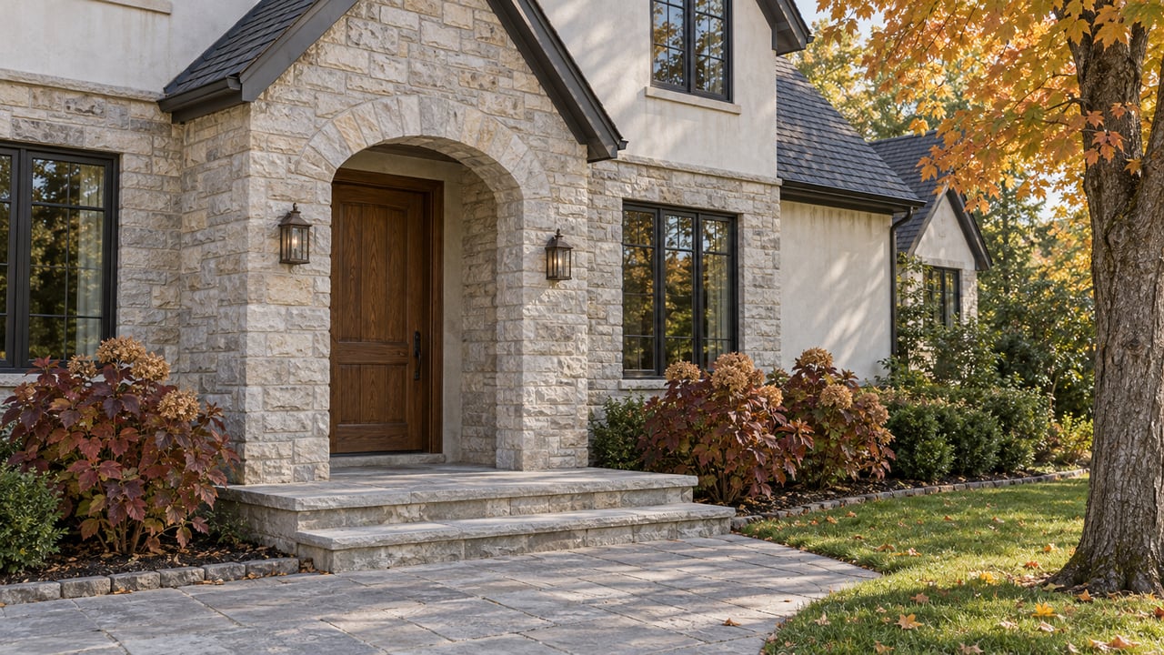 Stone-arched entrance of a detached home with an oak door, black-framed windows, limestone steps, and autumn maple foliage.