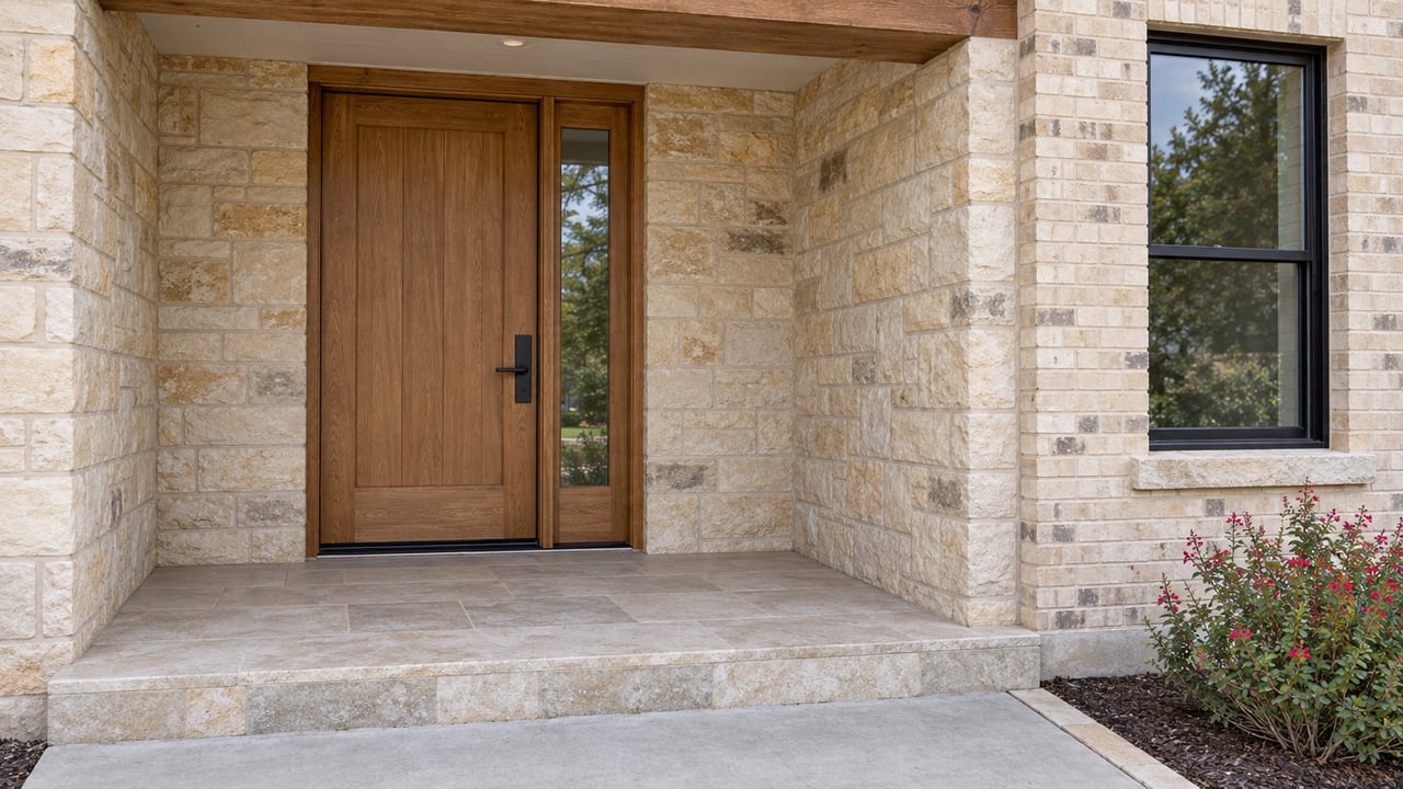 Sheltered oak front door with a glazed sidelight, cream brick, buff limestone and a broad stone porch step.
