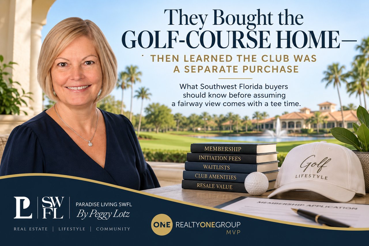 Peggy Lotz pictured beside a Southwest Florida golf course with golf membership materials, illustrating that buying a golf-course home does not always include club membership, initiation fees, waitlist access, or full golf privileges.