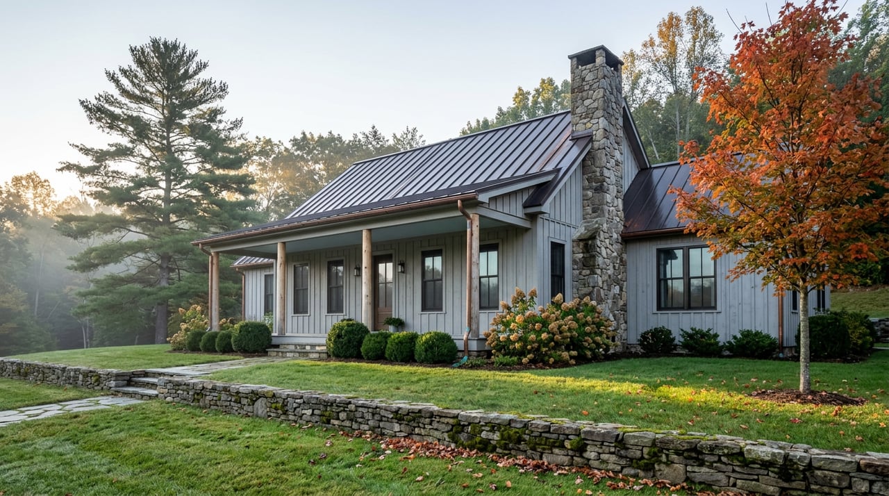 Mountain home with stone chimney and porch, framed by an orange-red maple and misty trees.