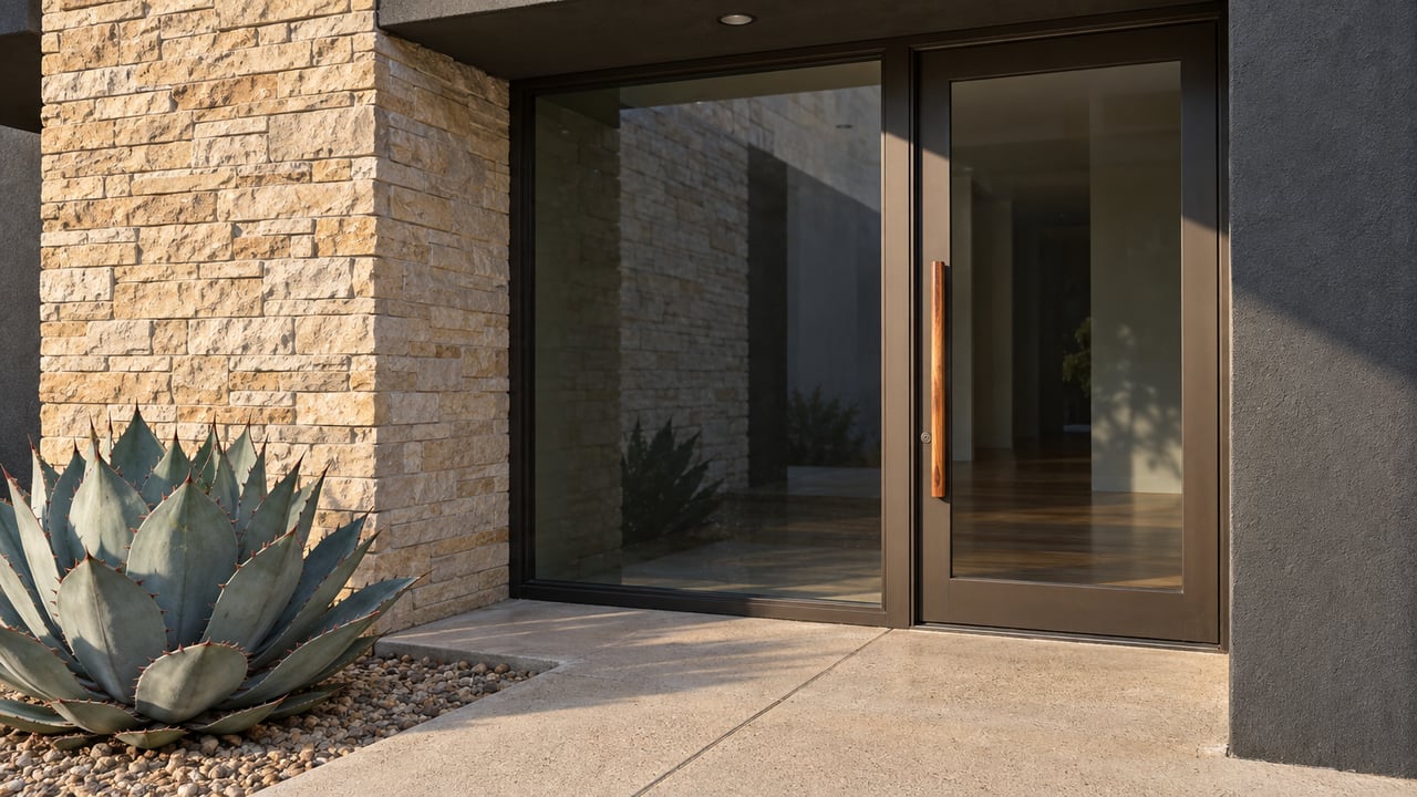 Morning light on a charcoal-stucco residential entry with limestone cladding, a glass door, and a blue-green agave beside a concrete landing.