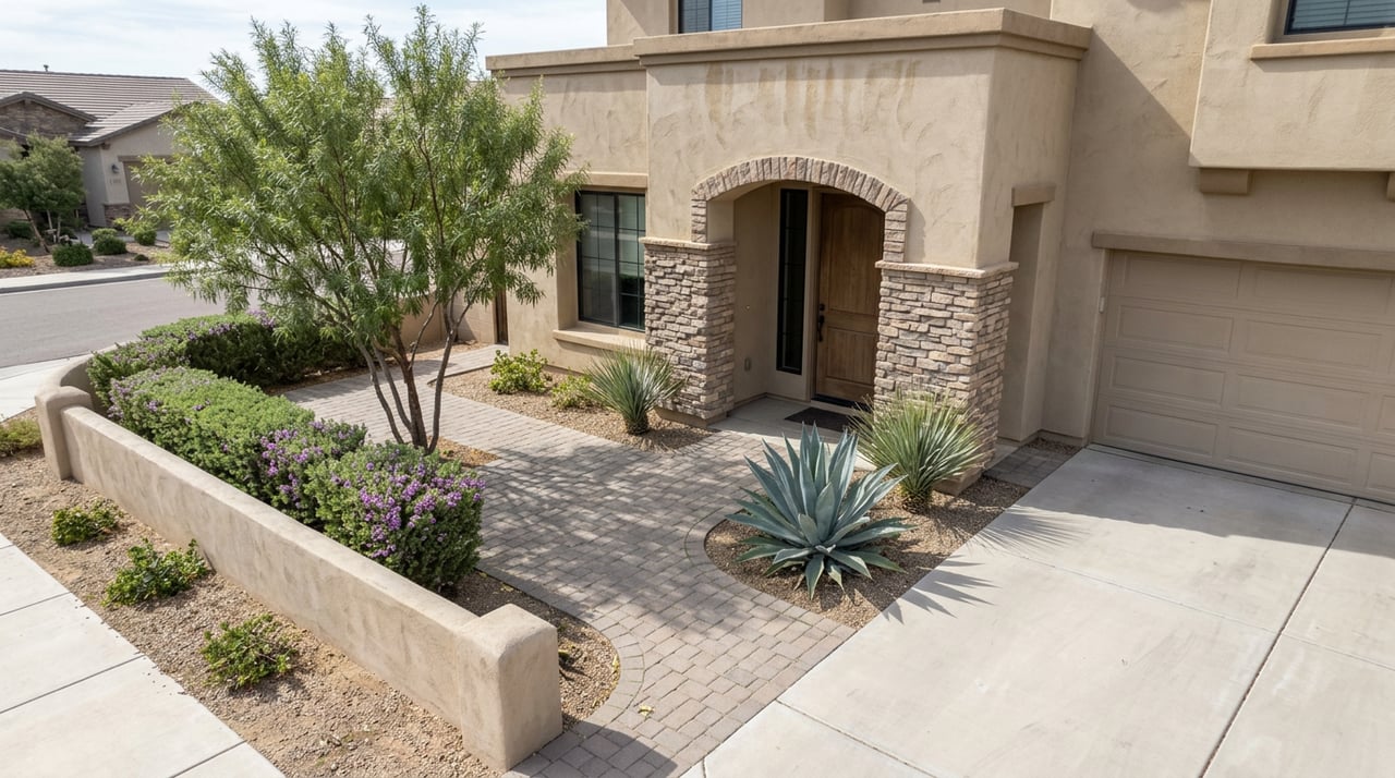 Sand-toned stucco home with an arched stone entry, curved paver walkway, agave, and flowering hedge.