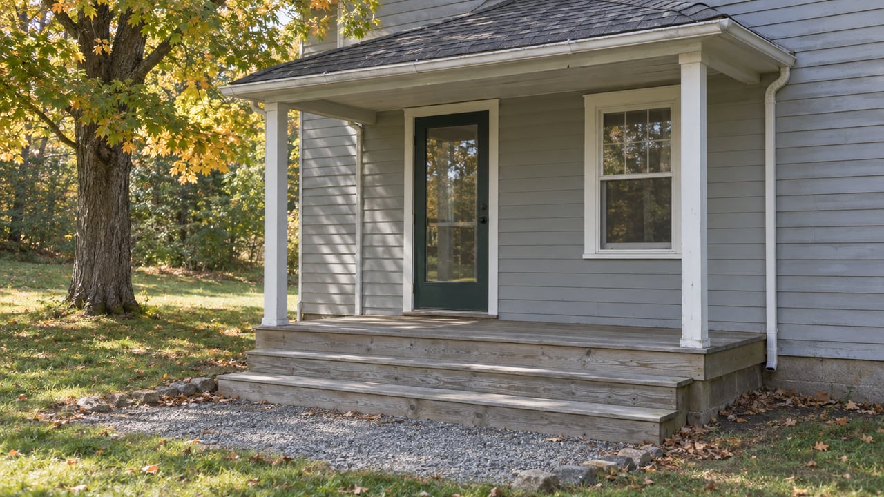 Weathered wooden porch and gray clapboard home beside a maple tree with early autumn foliage.