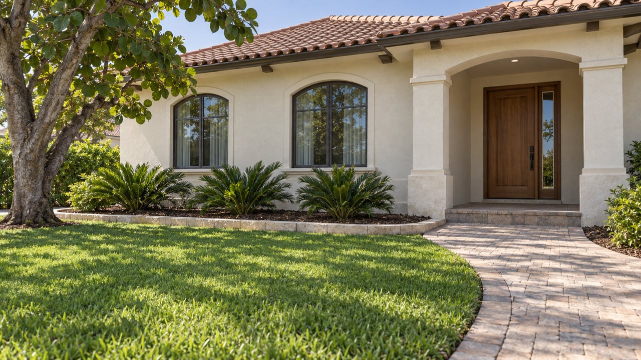 Ivory stucco home with terracotta roof, arched windows and a recessed entry beyond a curved paver walk and broad lawn.