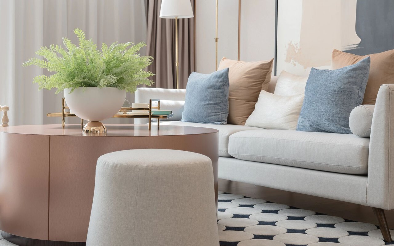 Living room with a white sofa, blue cushions, rounded blush coffee table, and leafy potted plant.