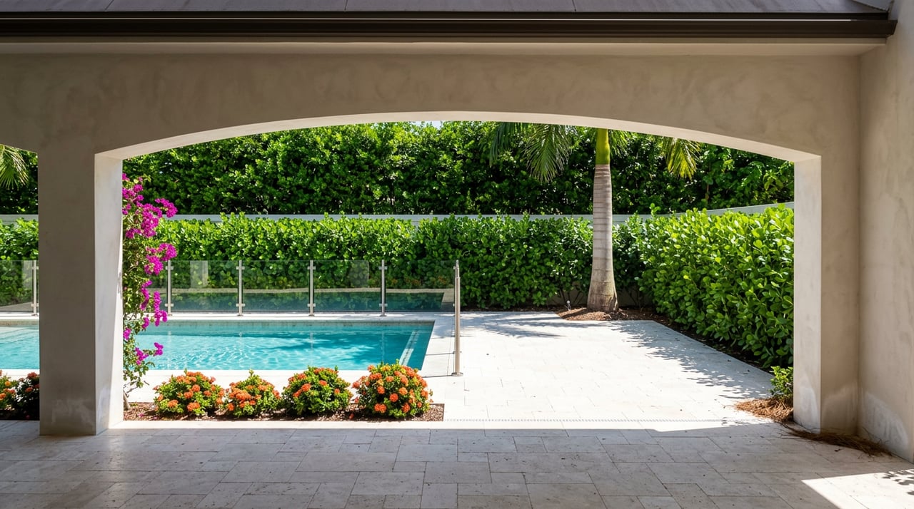 Stucco loggia arch frames a courtyard pool, pale travertine paving, clipped hedge, royal palm, and magenta bougainvillea.