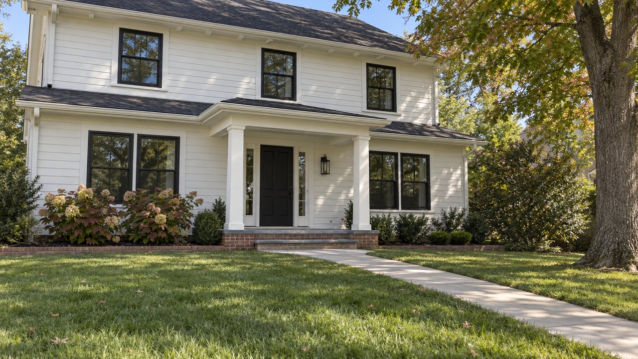 White two-story home with black-framed windows, covered porch, deep front lawn and an oak tree in early-afternoon light.
