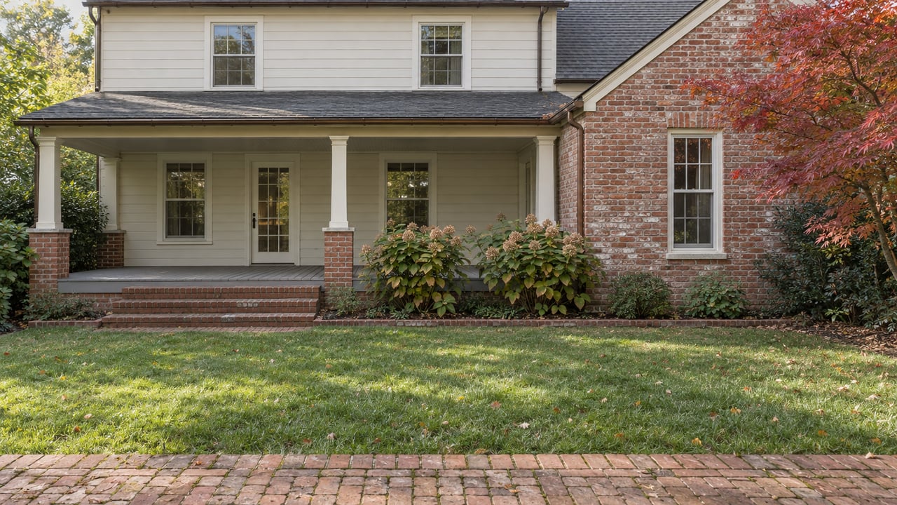 Traditional house with ivory wood siding, weathered red brick, a covered rear porch and an autumn garden viewed across a lawn.