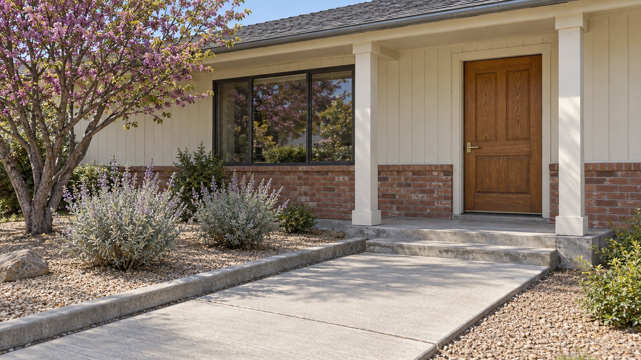 Sunlit ranch entry with cream siding, red brick, an oak door and a concrete walk beside a sculptural redbud.