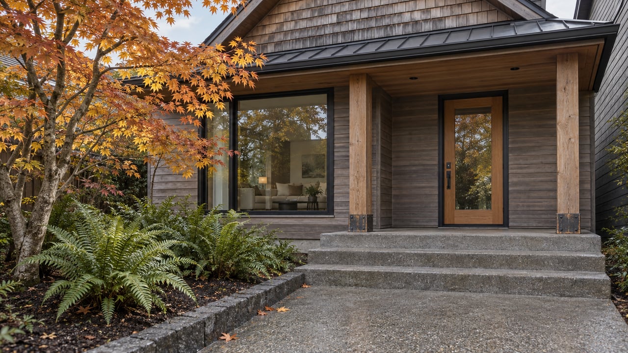 Weathered cedar home with a covered concrete entry, black-framed glazing and a maple shading a fern-planted garden approach.