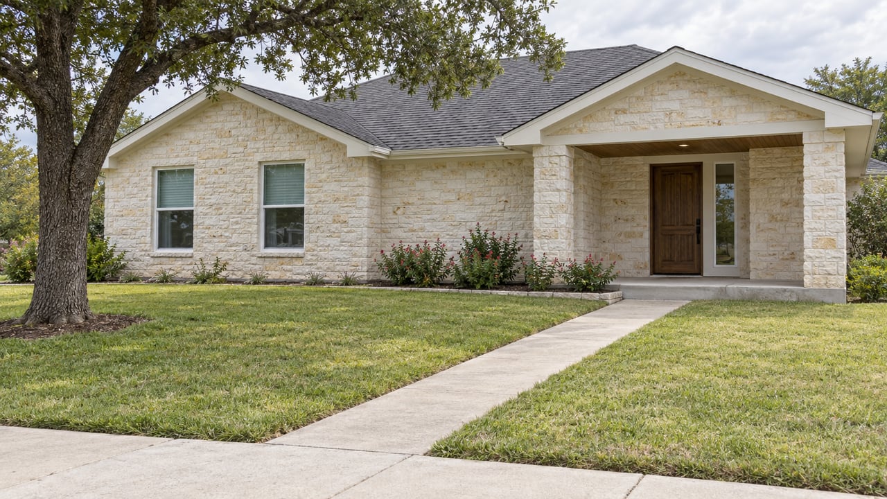 A limestone single-story house with a covered front porch, deep lawn, spreading live oak and concrete entry walk in soft daylight.