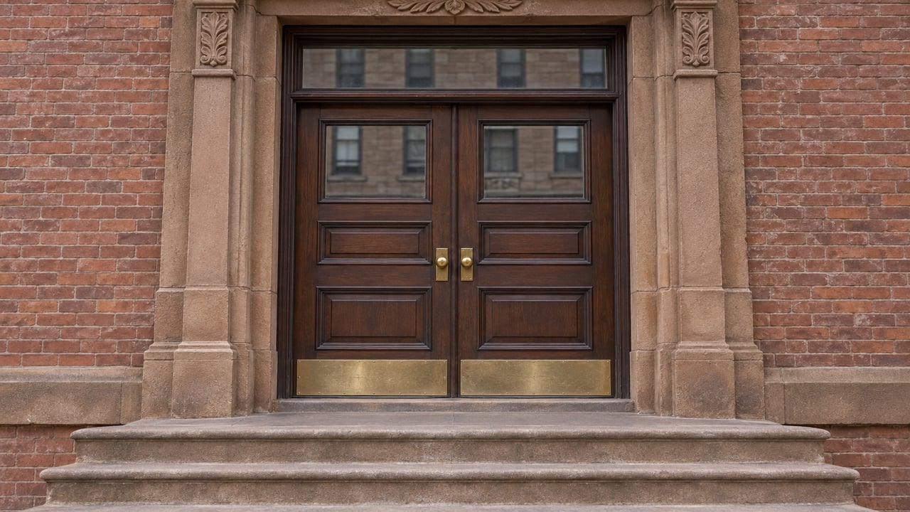 Paired dark wood doors recessed within a carved brown sandstone entrance above worn stone steps.