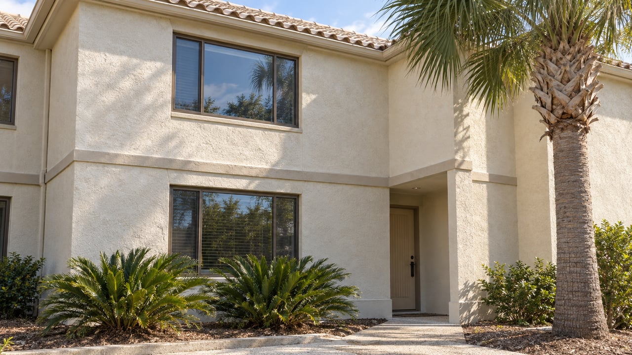 Two-story stucco condominium with tiled roof, recessed entry, and palms and cycads beside the walkway.