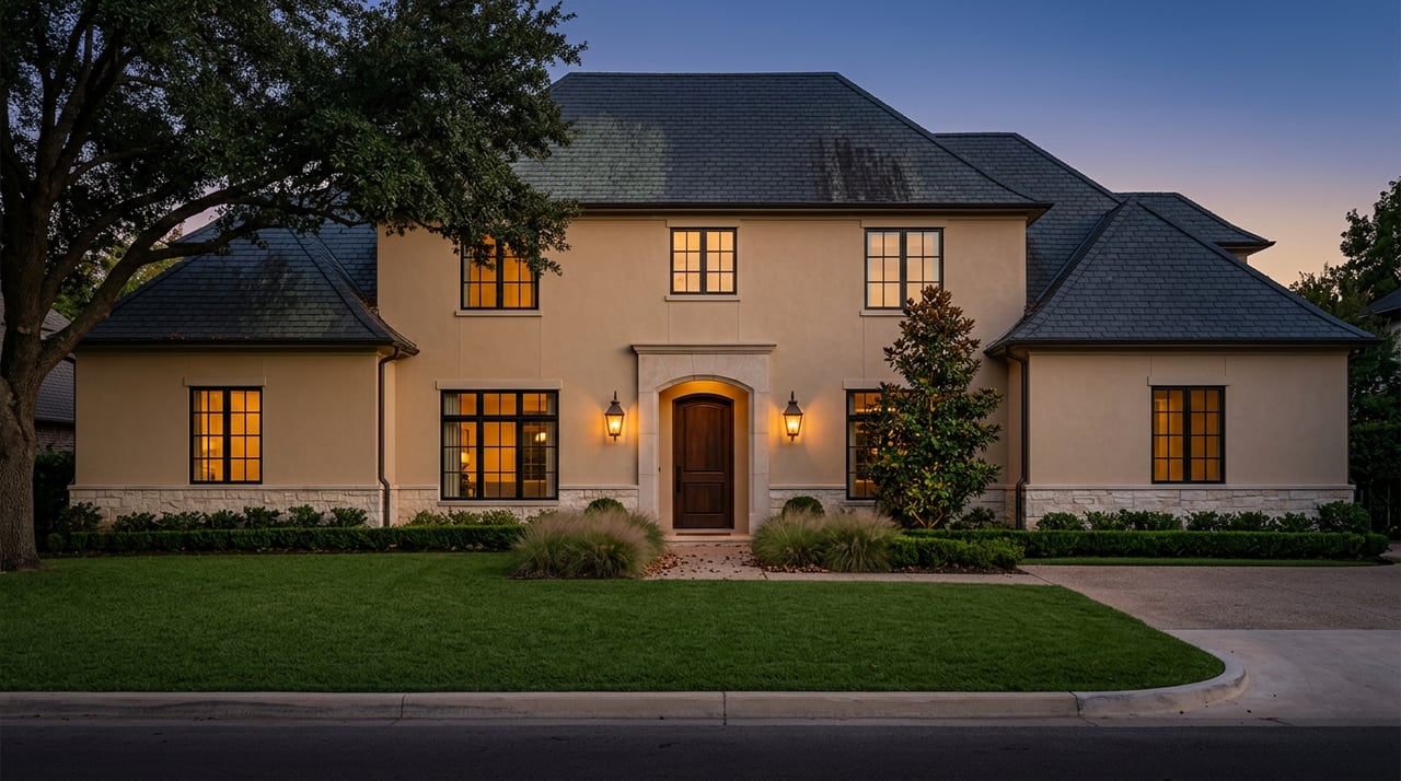 Two-story stucco and limestone estate with a slate roof, glowing windows and entry lanterns beyond a broad lawn.