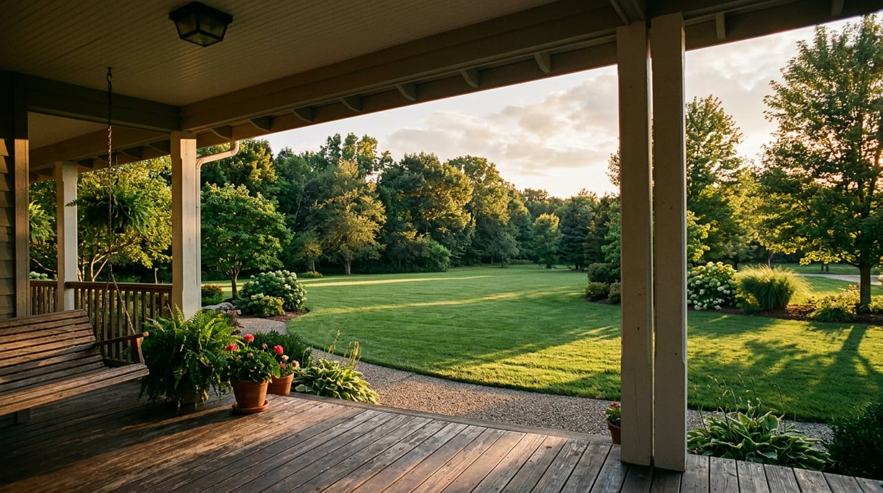 Covered porch opens onto a broad suburban lawn and tree line in warm late-afternoon light.