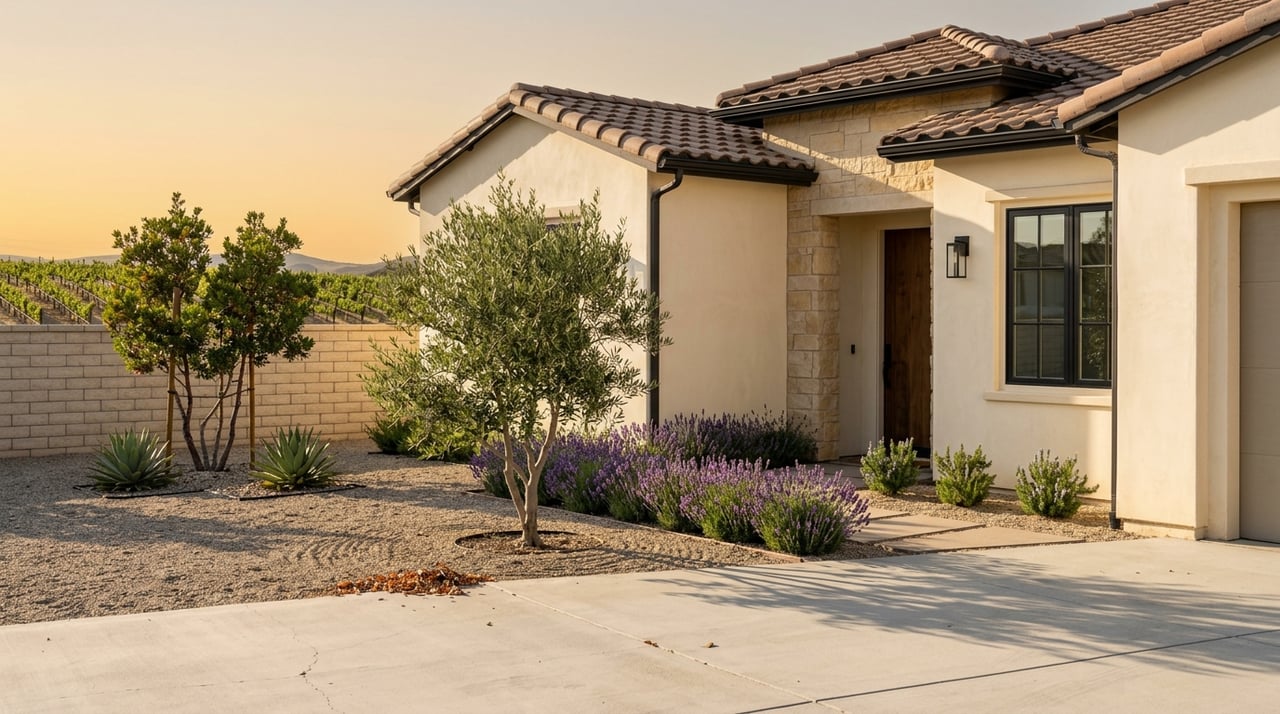 Hillside stucco-and-stone home with a glimpse of vineyard rows behind it.