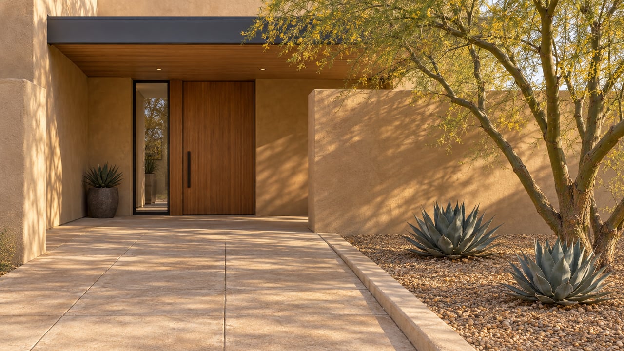 Desert-home entrance with a warm-wood pivot door, broad paver walk, and a branching tree beside agaves.