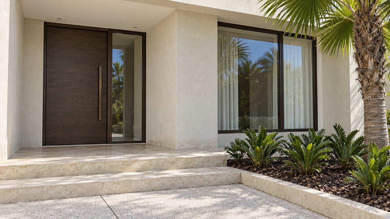Sunlit white stucco home entrance with a wood door, bronze-framed window, limestone steps and a single fan palm.