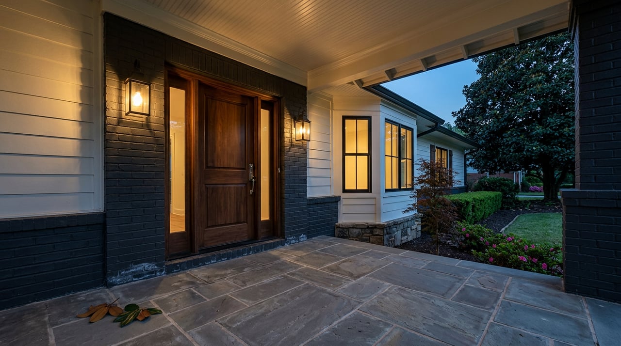 Walnut front door with glowing lanterns, black-framed windows, stone porch, and magnolia tree at dusk.