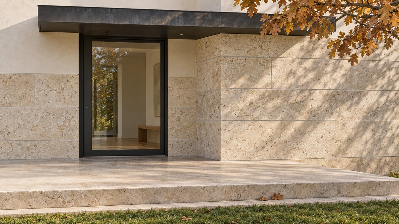 Autumn light across a limestone entry with a black-framed glass door, dark canopy and oak leaves beside the stone step.