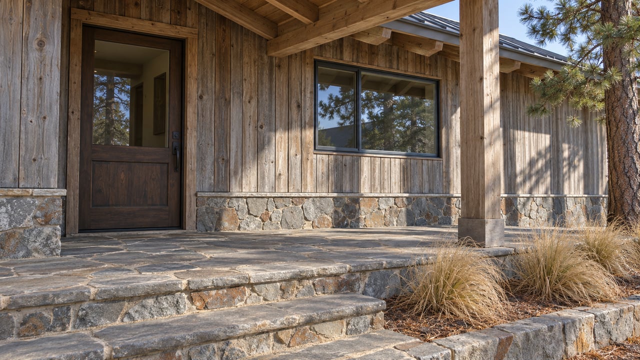 Weathered timber entry with a closed glass door, stone steps and dry native bunchgrass beneath a pitched porch roof.